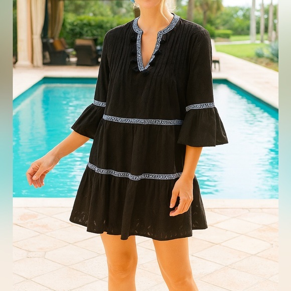 Tommy Bahama Embroidered Jacquard Tiered Cotton Mini Dress in Black